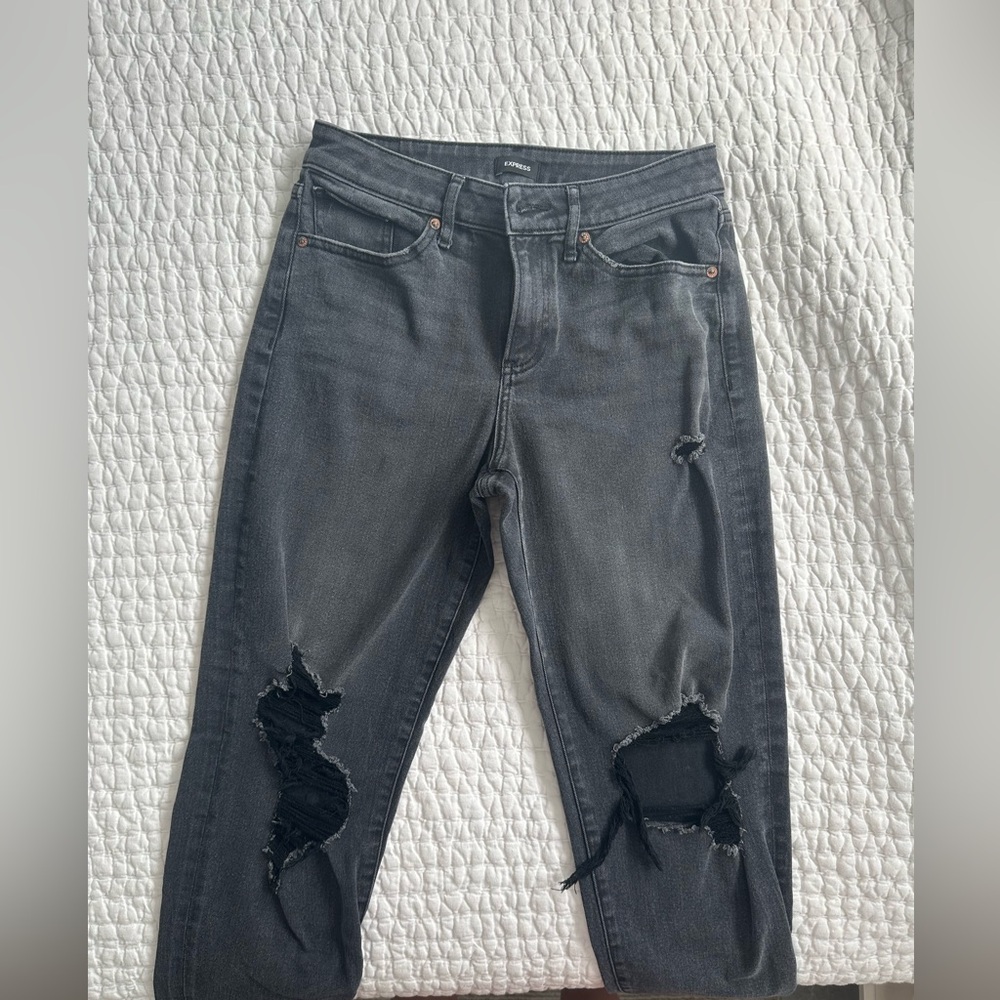 Express Jeans Womens 4 Boyfriend Mid Rise Distressed Denim Black Pants